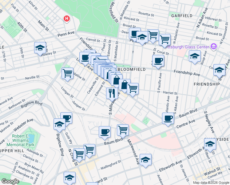 map of restaurants, bars, coffee shops, grocery stores, and more near in Pittsburgh