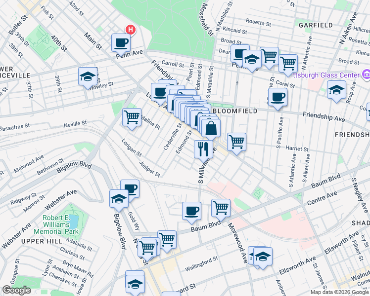 map of restaurants, bars, coffee shops, grocery stores, and more near 4780 Cypress Street in Pittsburgh