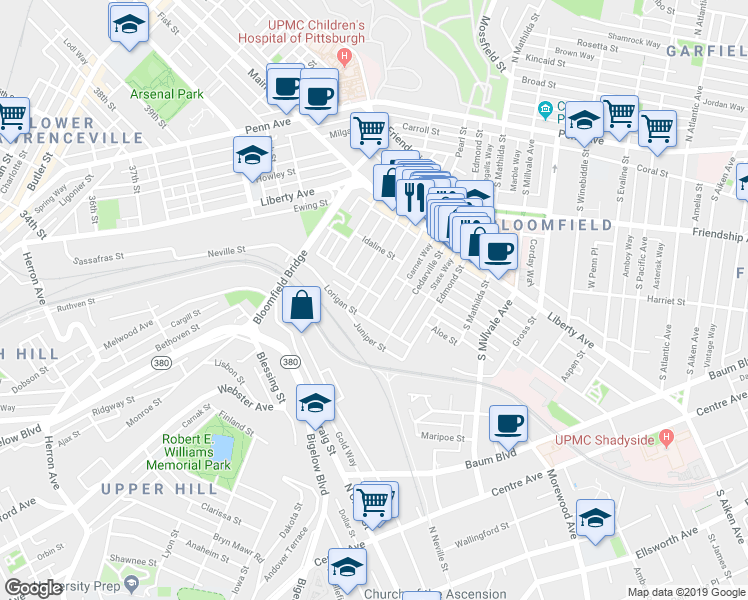 map of restaurants, bars, coffee shops, grocery stores, and more near 453 Pearl Street in Pittsburgh