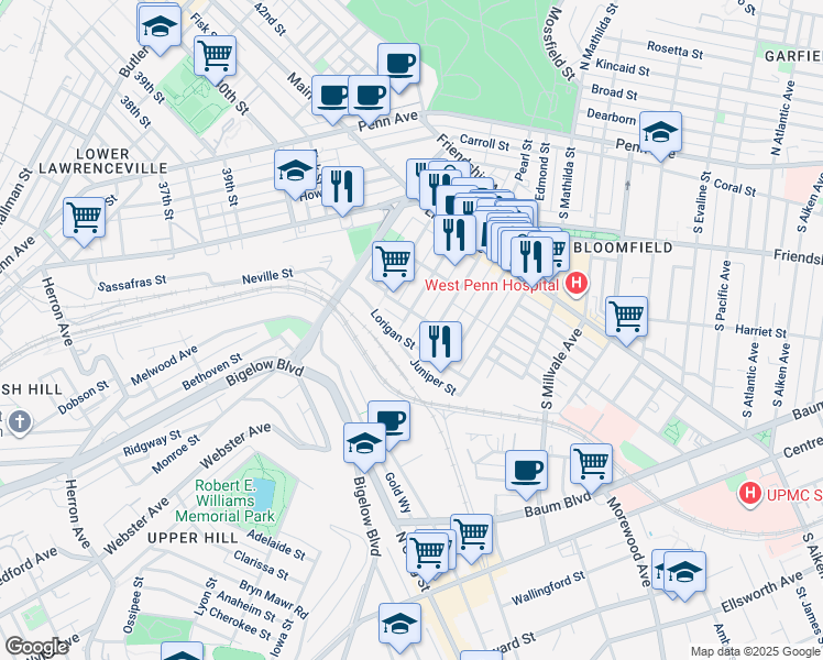 map of restaurants, bars, coffee shops, grocery stores, and more near 4617 Lorigan Street in Pittsburgh