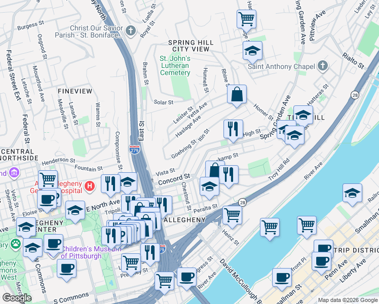 map of restaurants, bars, coffee shops, grocery stores, and more near 946 Itin Street in Pittsburgh