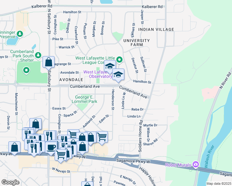 map of restaurants, bars, coffee shops, grocery stores, and more near 601-607 Essex St in West Lafayette
