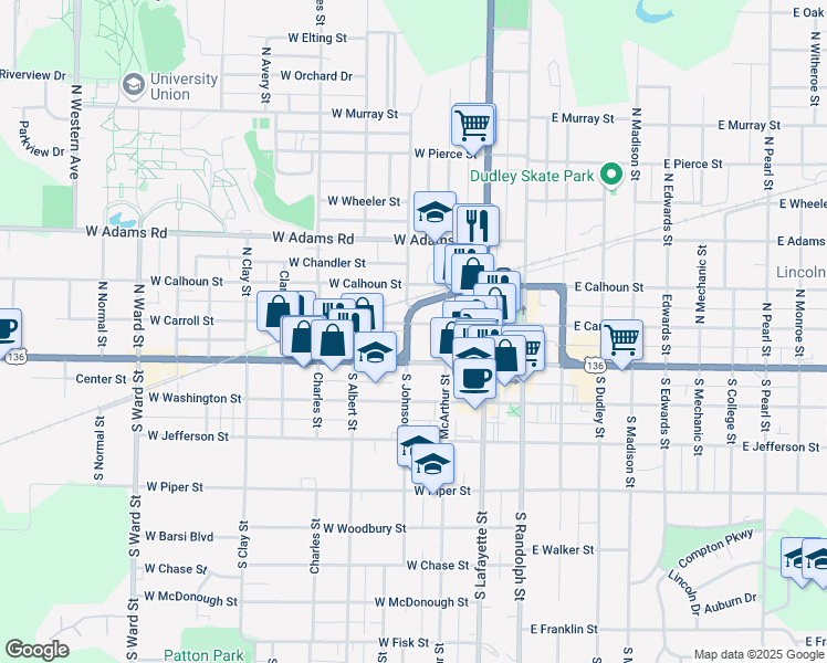 map of restaurants, bars, coffee shops, grocery stores, and more near 128 Chicago - Kansas City Expressway in Macomb