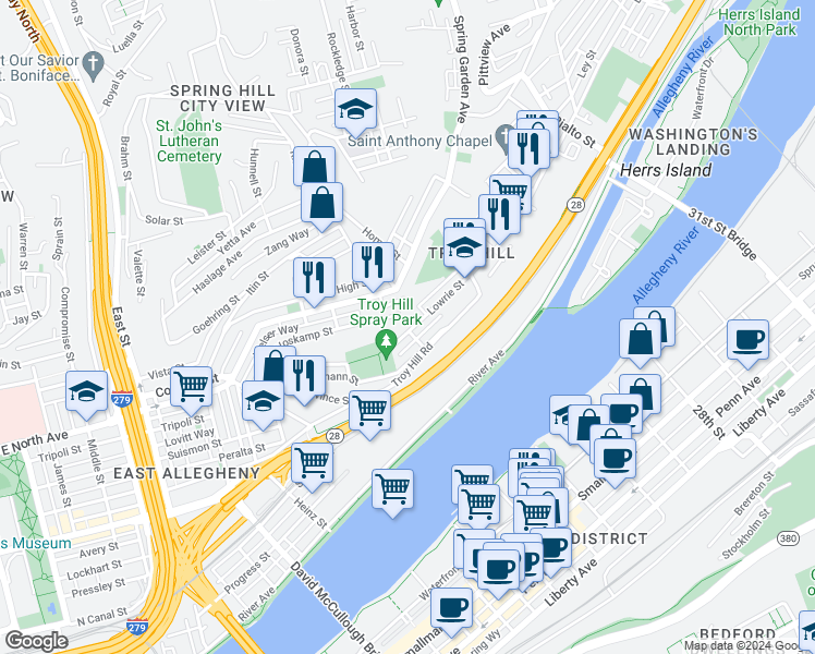 map of restaurants, bars, coffee shops, grocery stores, and more near 1326 Lowrie Street in Pittsburgh