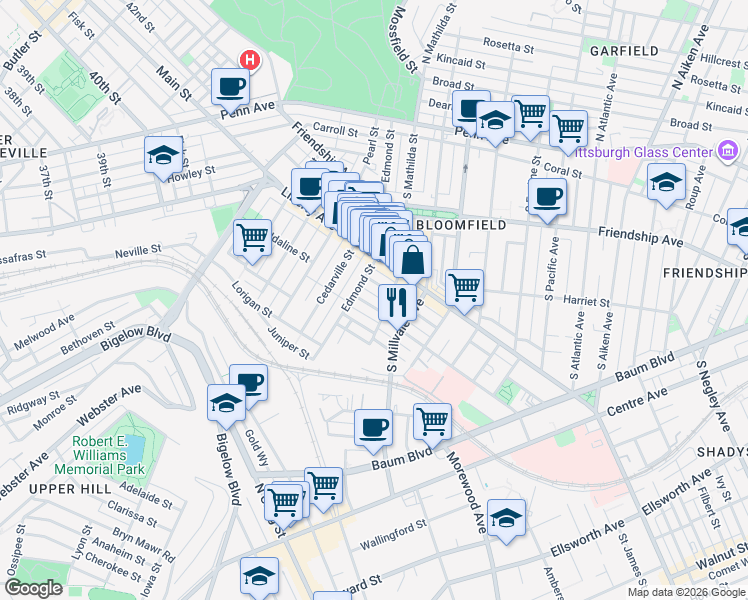 map of restaurants, bars, coffee shops, grocery stores, and more near 4778 Cypress Street in Pittsburgh