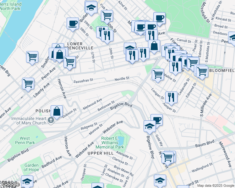 map of restaurants, bars, coffee shops, grocery stores, and more near 3626 Melwood Avenue in Pittsburgh