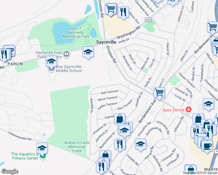 map of restaurants, bars, coffee shops, grocery stores, and more near 36 Kendall Drive in Sayreville
