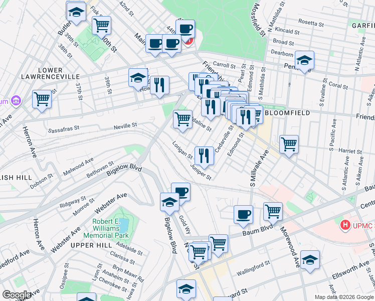 map of restaurants, bars, coffee shops, grocery stores, and more near 4617 Lorigan Street in Pittsburgh