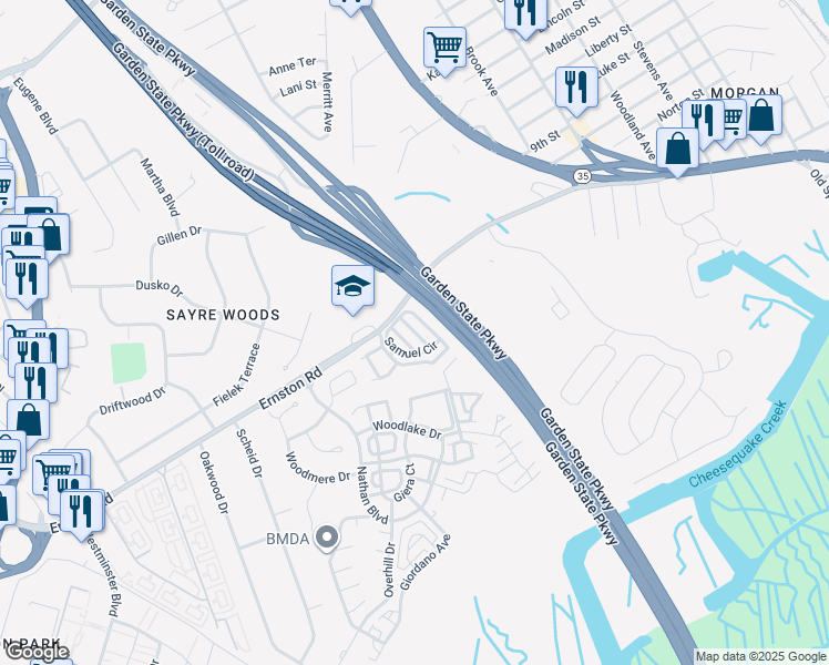 map of restaurants, bars, coffee shops, grocery stores, and more near 302 Check Avenue in Sayreville