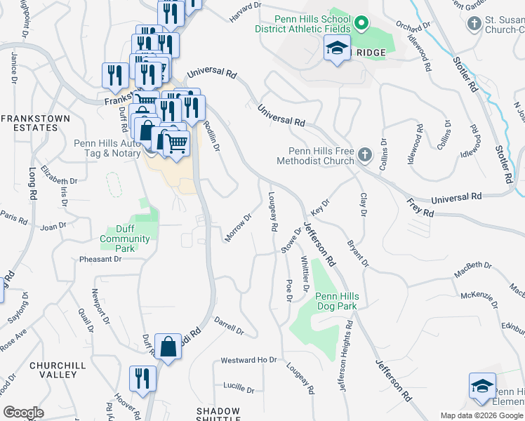 map of restaurants, bars, coffee shops, grocery stores, and more near 144 Lougeay Road in Pittsburgh