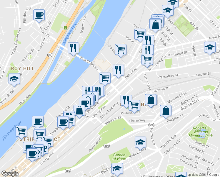map of restaurants, bars, coffee shops, grocery stores, and more near 3001 Penn Avenue in Pittsburgh