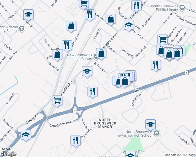map of restaurants, bars, coffee shops, grocery stores, and more near 1210 North Oaks Boulevard in North Brunswick Township