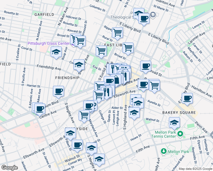 map of restaurants, bars, coffee shops, grocery stores, and more near 10 Centre Avenue in Pittsburgh