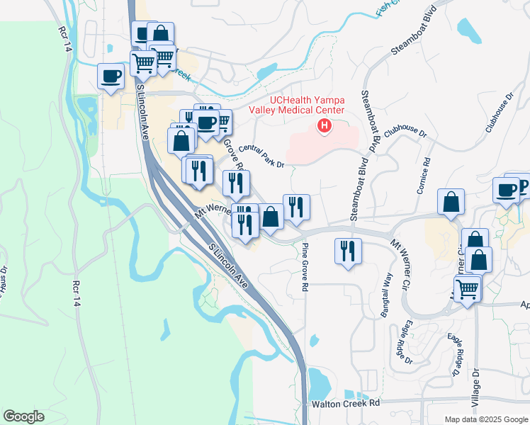 map of restaurants, bars, coffee shops, grocery stores, and more near 2130 Resort Drive in Steamboat Springs