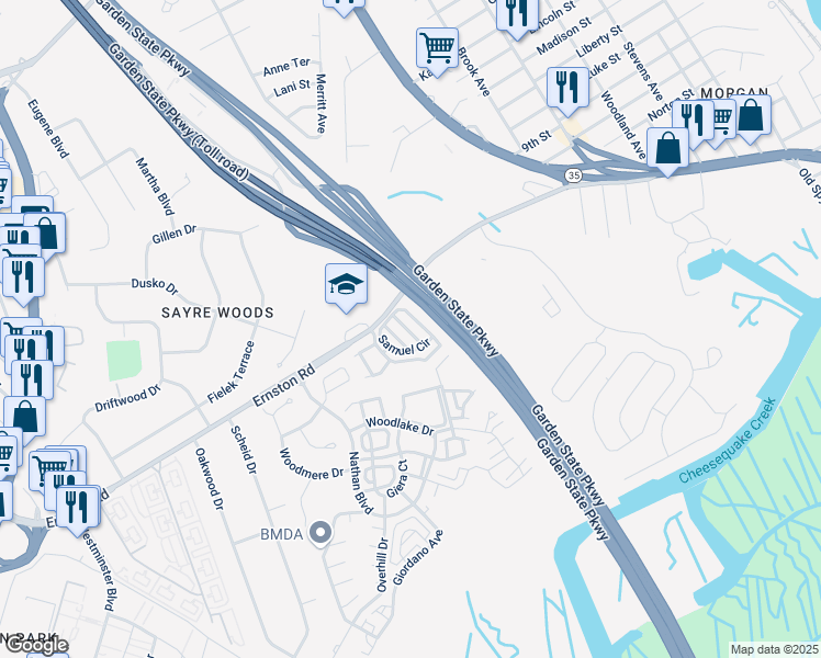 map of restaurants, bars, coffee shops, grocery stores, and more near 20 Pointe of Woods Drive North in Sayreville