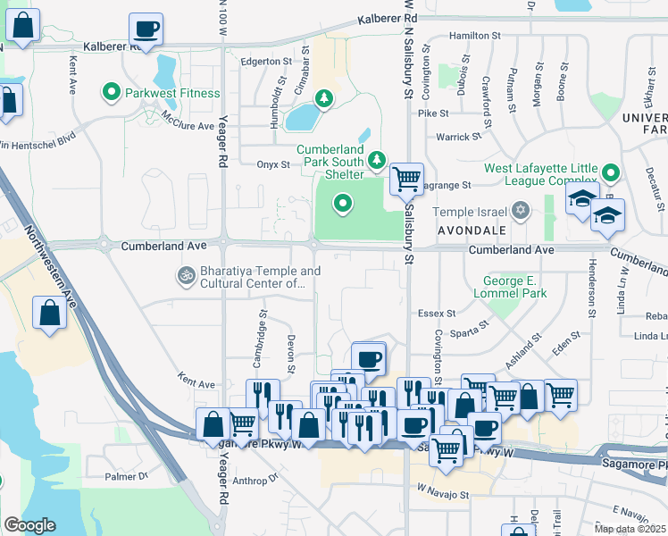 map of restaurants, bars, coffee shops, grocery stores, and more near 1051 Cumberland Avenue in West Lafayette