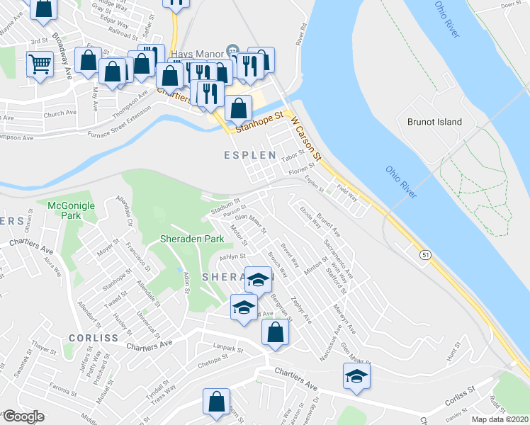 map of restaurants, bars, coffee shops, grocery stores, and more near 3245 Stafford Street in Pittsburgh