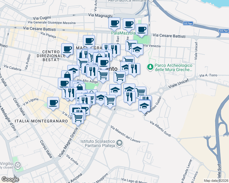 map of restaurants, bars, coffee shops, grocery stores, and more near 27 Via Lago D'Arvo in Taranto
