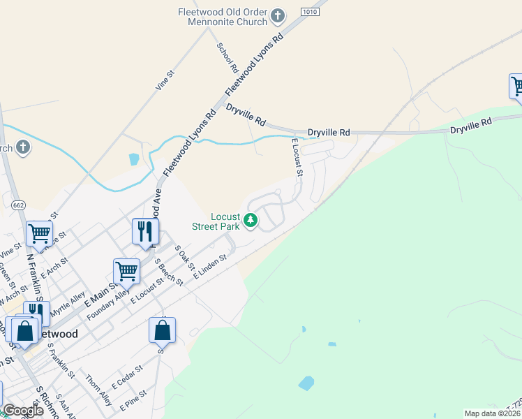 map of restaurants, bars, coffee shops, grocery stores, and more near 203 Hickory Drive in Fleetwood