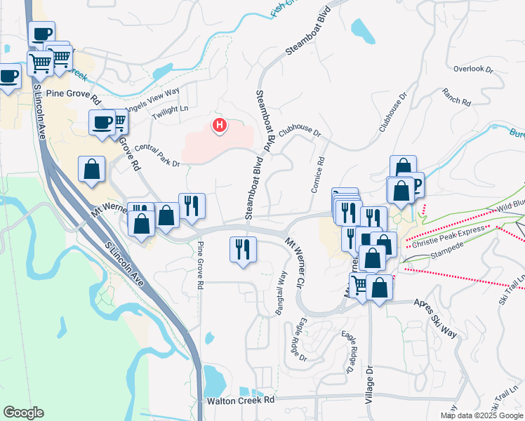 map of restaurants, bars, coffee shops, grocery stores, and more near 1289 Turning Leaf Court in Steamboat Springs