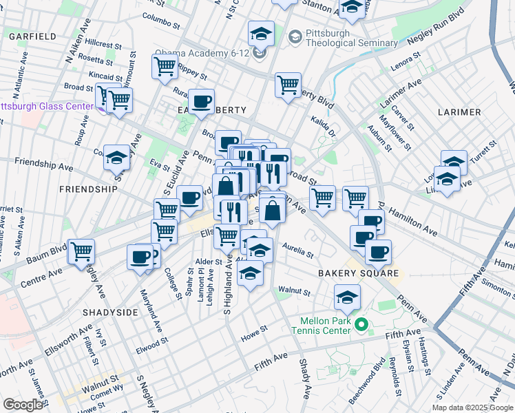 map of restaurants, bars, coffee shops, grocery stores, and more near 6105 Spirit Street in Pittsburgh