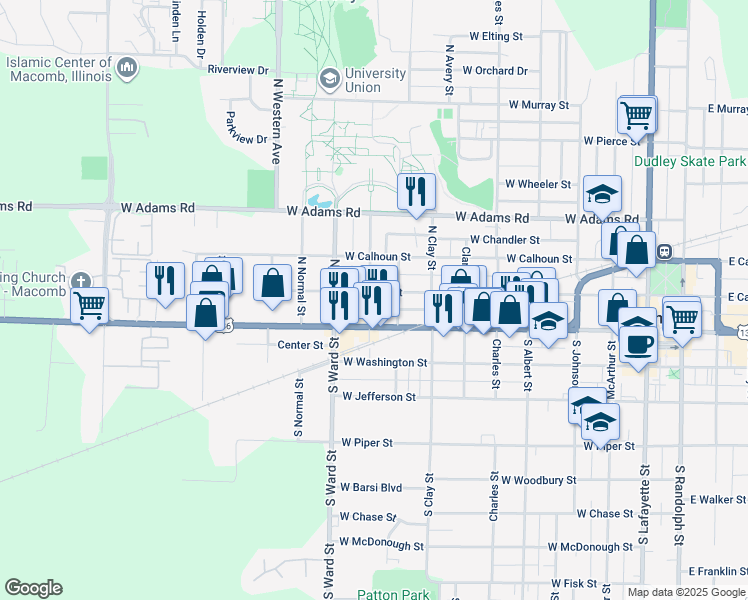 map of restaurants, bars, coffee shops, grocery stores, and more near 829 West Carroll Street in Macomb