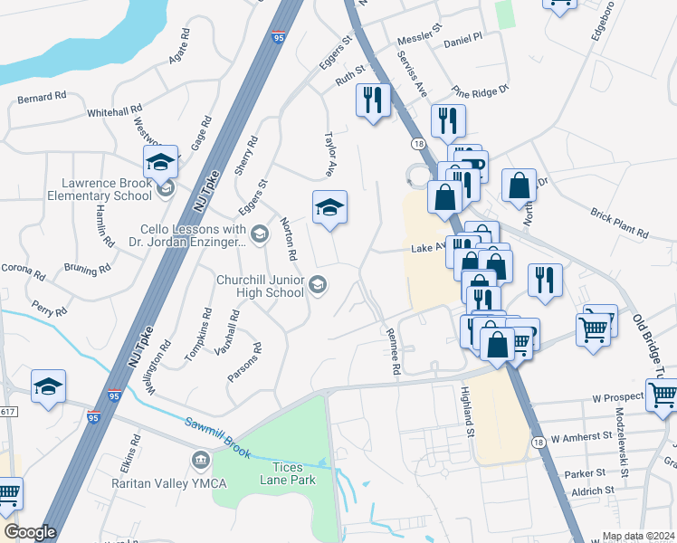 map of restaurants, bars, coffee shops, grocery stores, and more near 18 Norton Road in East Brunswick
