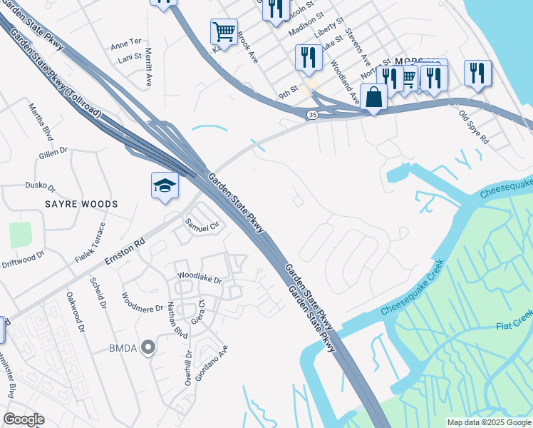 map of restaurants, bars, coffee shops, grocery stores, and more near 2009 Bayhead Drive in Sayreville