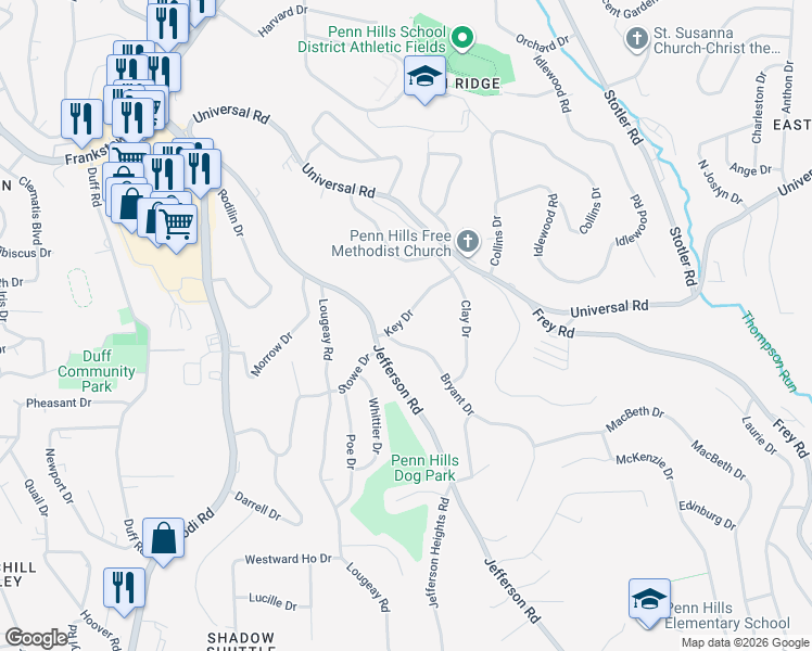 map of restaurants, bars, coffee shops, grocery stores, and more near 107 Bryant Drive in Pittsburgh