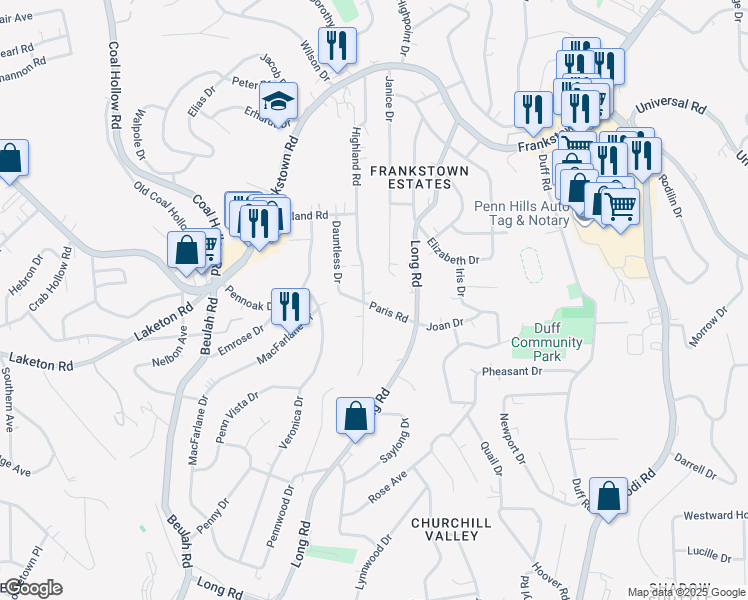 map of restaurants, bars, coffee shops, grocery stores, and more near 301 Paris Road in Pittsburgh