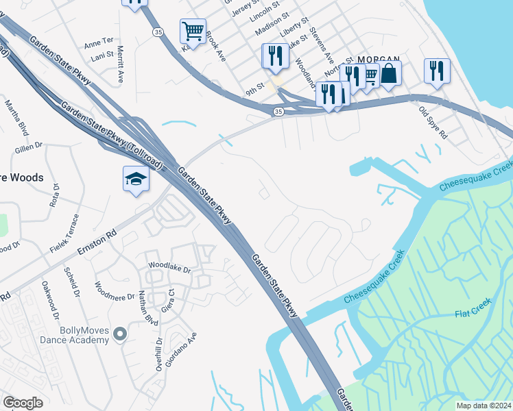 map of restaurants, bars, coffee shops, grocery stores, and more near 2316 Bayhead Drive in Sayreville