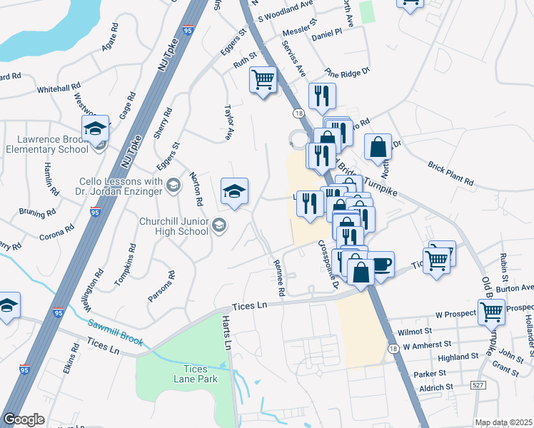map of restaurants, bars, coffee shops, grocery stores, and more near 14 Lake Avenue in East Brunswick