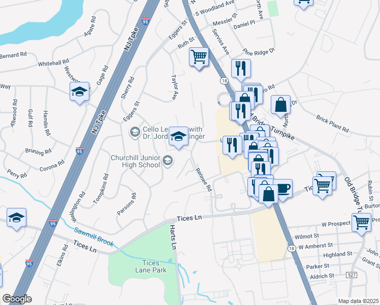 map of restaurants, bars, coffee shops, grocery stores, and more near 14 Lake Avenue in East Brunswick