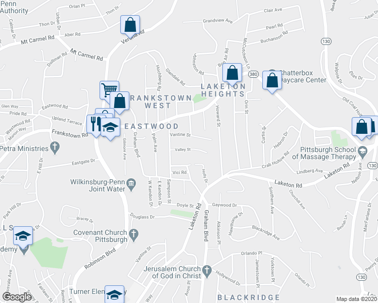 map of restaurants, bars, coffee shops, grocery stores, and more near 9226 Valley Street in Pittsburgh