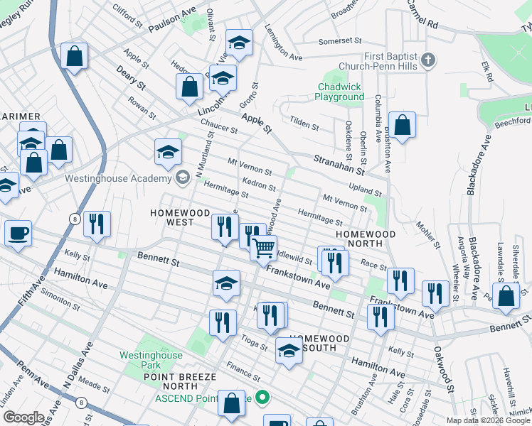map of restaurants, bars, coffee shops, grocery stores, and more near 7148 Monticello Street in Pittsburgh