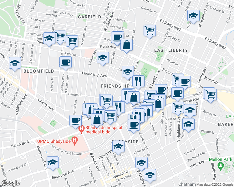 map of restaurants, bars, coffee shops, grocery stores, and more near 358 South Negley Avenue in Pittsburgh