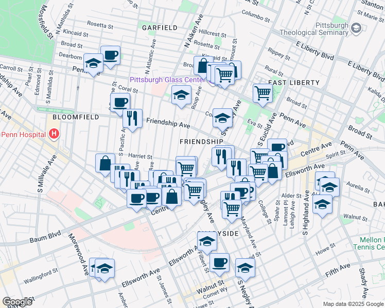 map of restaurants, bars, coffee shops, grocery stores, and more near 375 South Fairmount Street in Pittsburgh