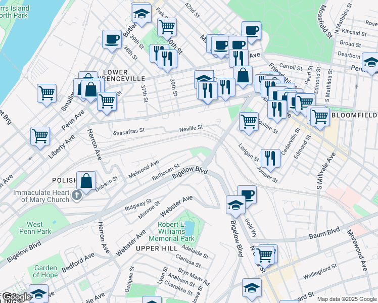 map of restaurants, bars, coffee shops, grocery stores, and more near 3626 Melwood Avenue in Pittsburgh