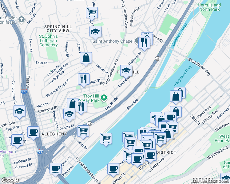 map of restaurants, bars, coffee shops, grocery stores, and more near 1321 Lowrie Street in Pittsburgh