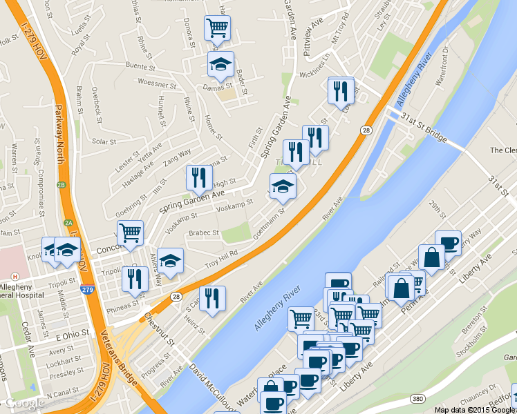 map of restaurants, bars, coffee shops, grocery stores, and more near 1321 Lowrie Street in Pittsburgh
