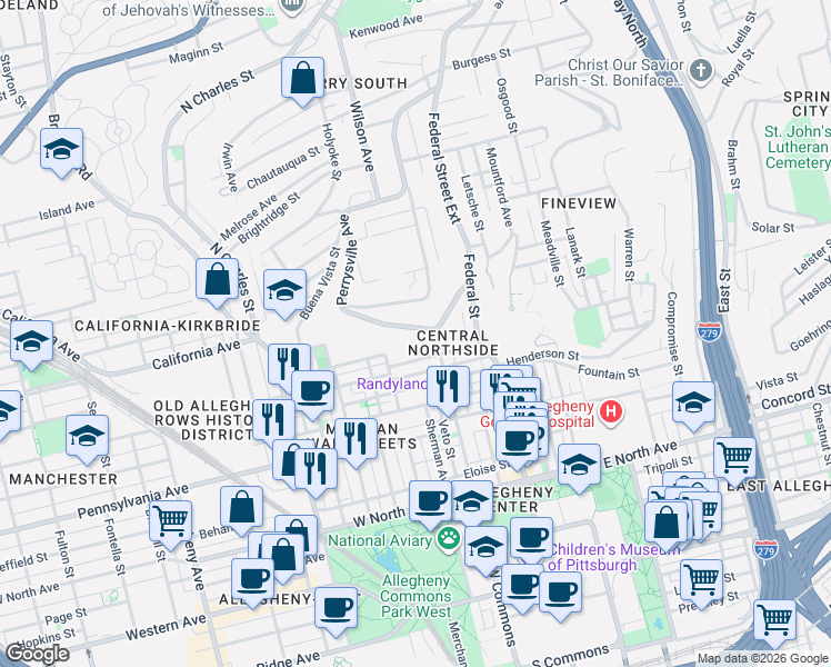 map of restaurants, bars, coffee shops, grocery stores, and more near 240 Jefferson Street in Pittsburgh