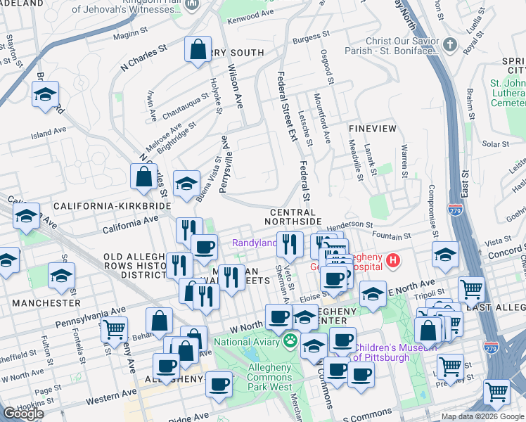 map of restaurants, bars, coffee shops, grocery stores, and more near 240 Jefferson Street in Pittsburgh