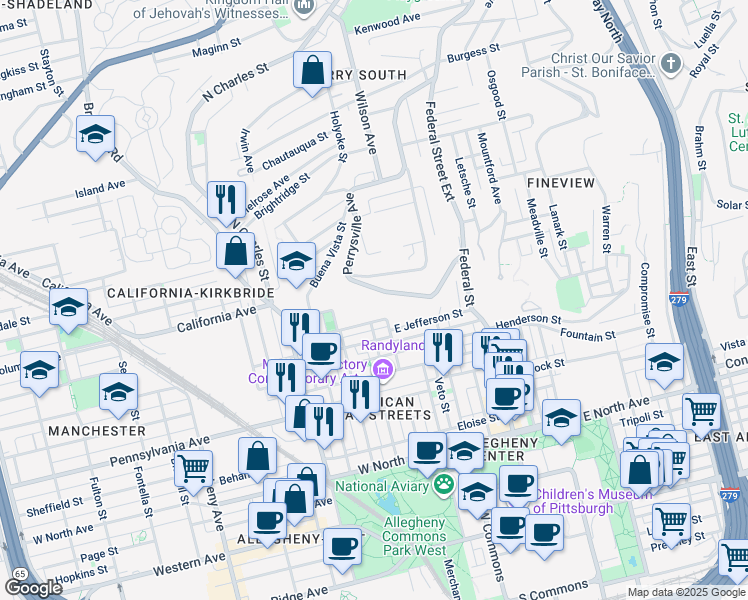 map of restaurants, bars, coffee shops, grocery stores, and more near 504 West Jefferson Street in Pittsburgh