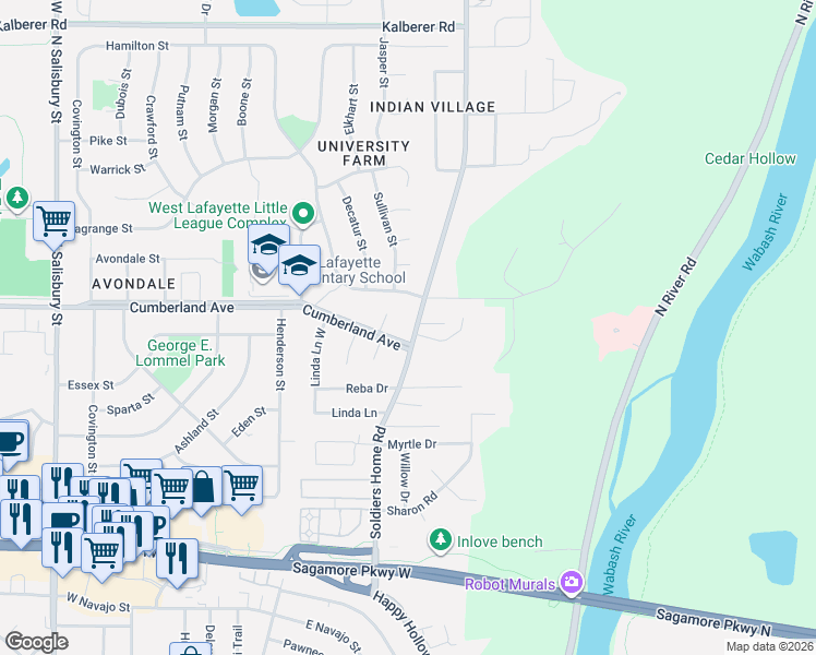 map of restaurants, bars, coffee shops, grocery stores, and more near 261 Cumberland Avenue in West Lafayette