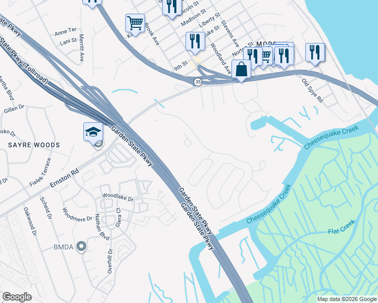 map of restaurants, bars, coffee shops, grocery stores, and more near 2316 Bayhead Drive in Sayreville