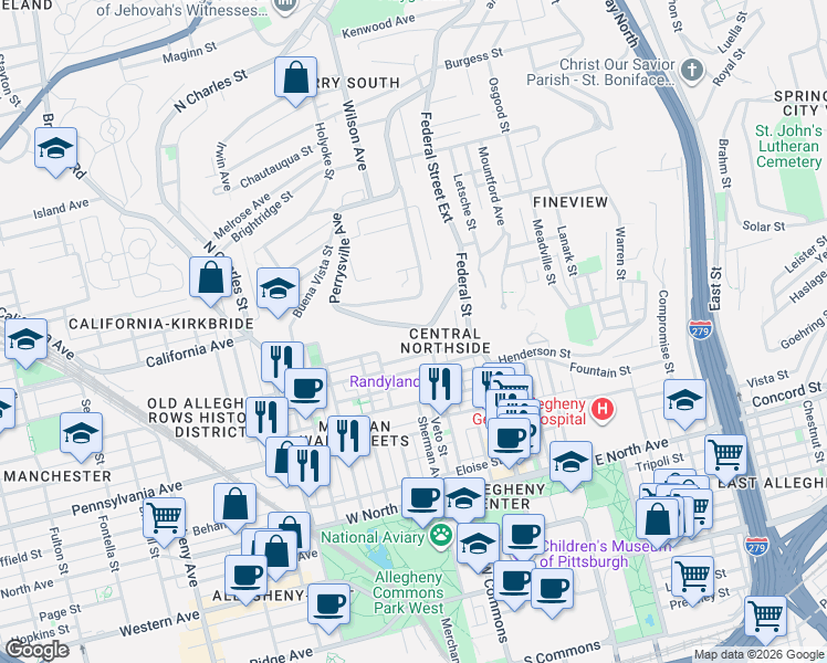 map of restaurants, bars, coffee shops, grocery stores, and more near 202 Jefferson Street in Pittsburgh