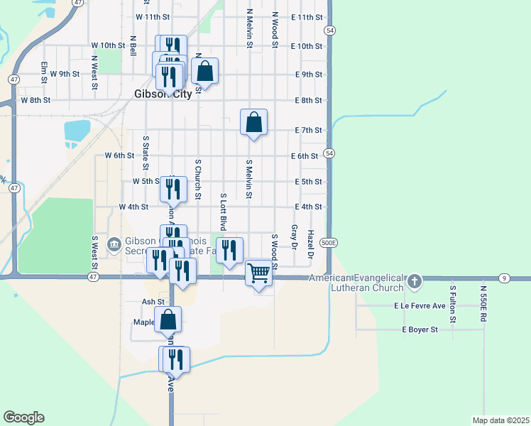 map of restaurants, bars, coffee shops, grocery stores, and more near 507 South Wood Street in Gibson City