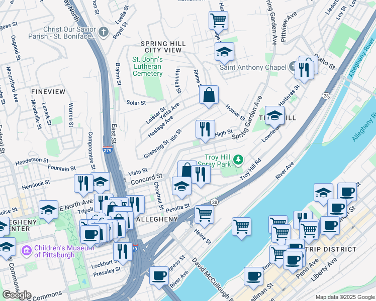 map of restaurants, bars, coffee shops, grocery stores, and more near 1148 Voskamp Street in Pittsburgh