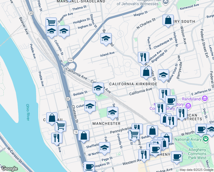 map of restaurants, bars, coffee shops, grocery stores, and more near 1241 Kunkle Avenue in Pittsburgh