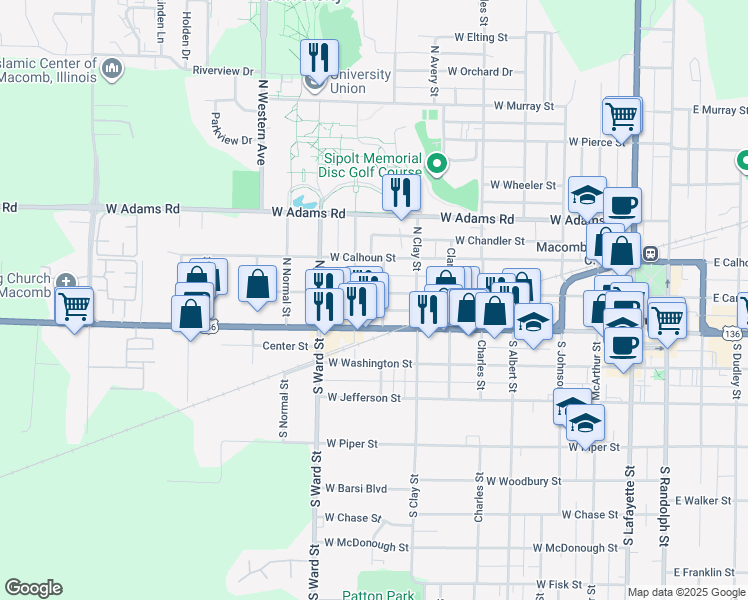 map of restaurants, bars, coffee shops, grocery stores, and more near 809 West Carroll Street in Macomb